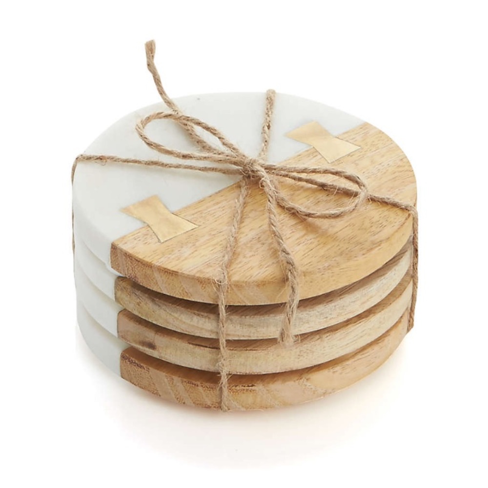 Crate & Barrel wood and marble coasters set/4 new